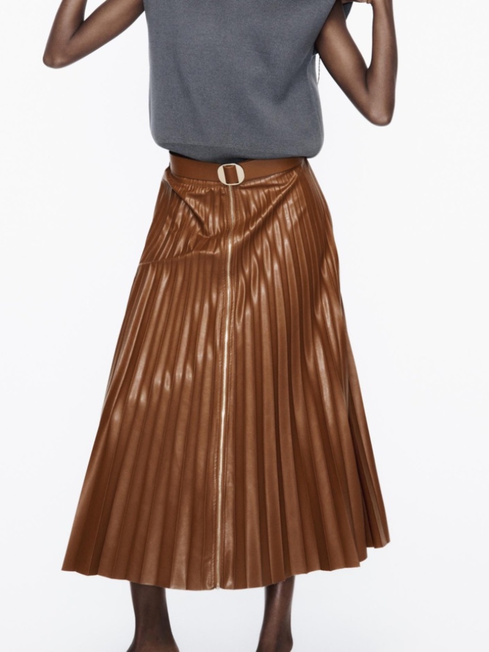 Zara Brown Pleated Faux-Leather Midi Skirt with Belt | M